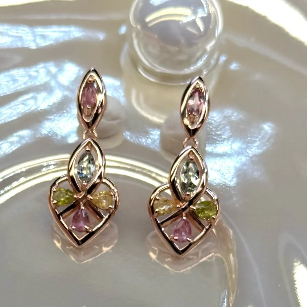 ETR2 2CT Natural Rainbow Tourmaline ART DECO HEART Earrings 18K Rose Gold S925